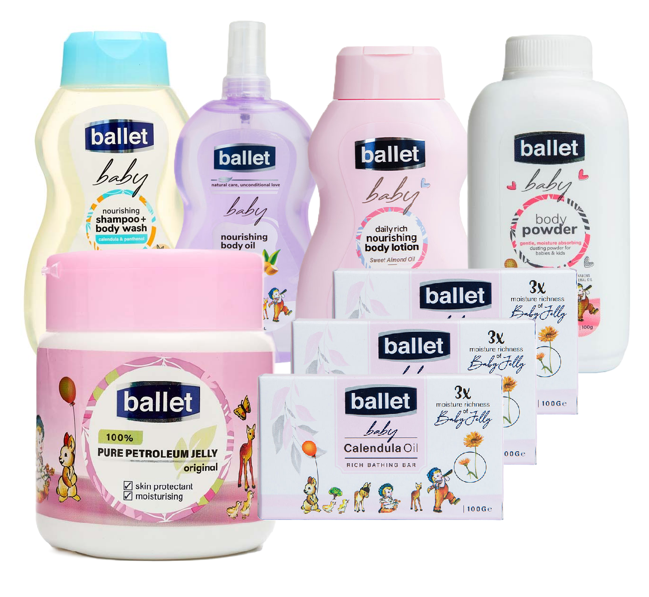Ballet Value Pack (Set Of 8)-(Baby Cream Wash & Shampoo 240ml, Baby Oil 240ml,Baby Lotion 240ml,Baby Aloe-Vera /Pure Petroleum / Baby Regular & Baby Butter Blend Jellies 250g, Baby Powder 100g & Soaps