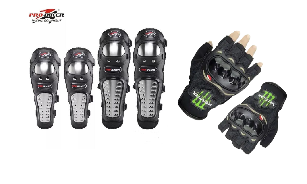 Motorcycle Riders Protective Combo: Pro- Biker Knee & Elbow Protective Guards and Monster Half Fingers Riding Gloves