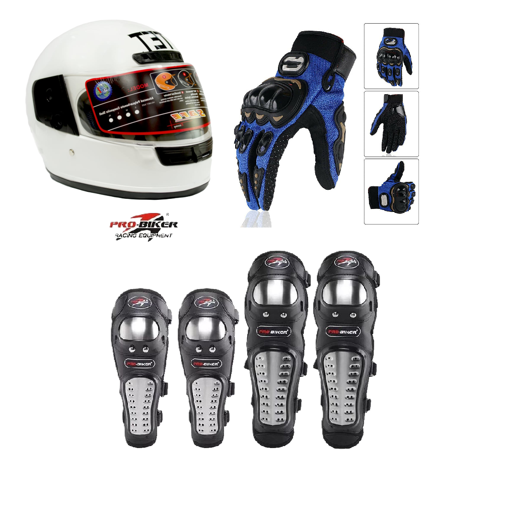 Motorcycle Protective Gears 3 in 1 Package: Full Head Helmet (TET) , Riding Gloves Full Fingers and Pro-Biker Knee & Elbow Guards Set