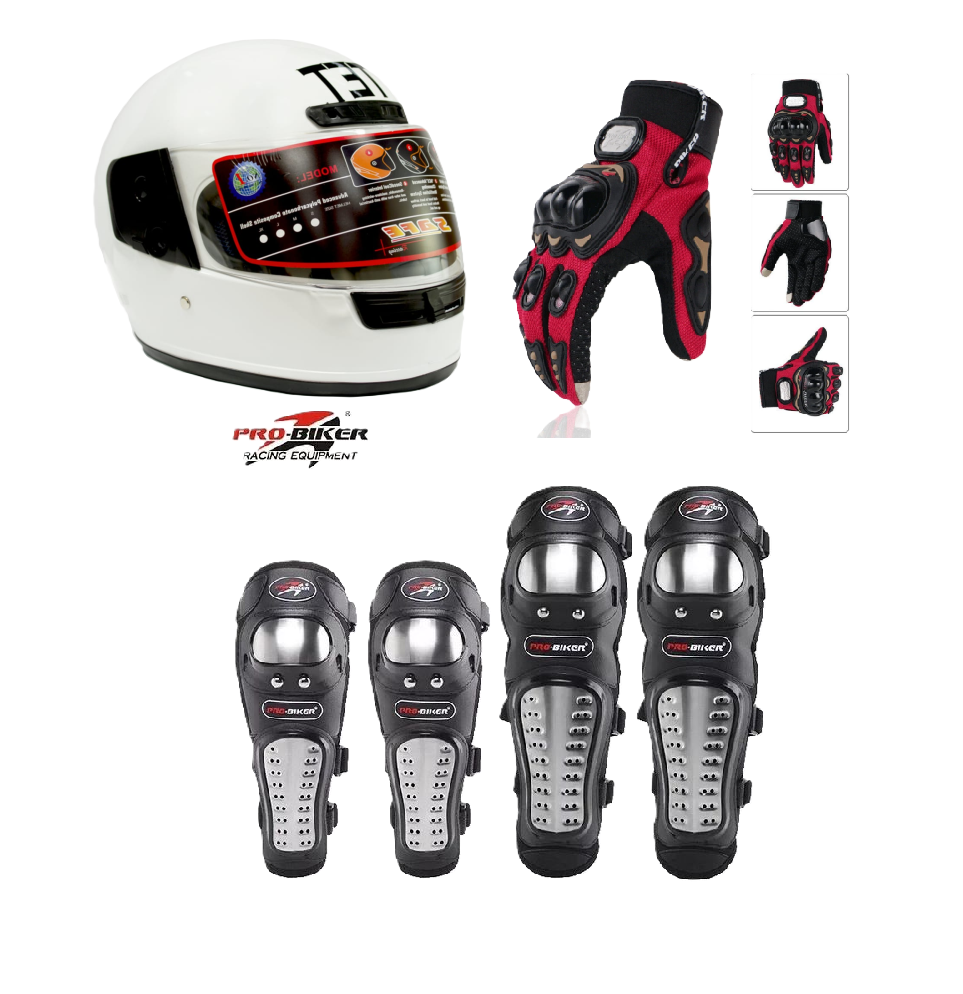 Motorcycle Protective Gears 3 in 1 Package: Full Head Helmet (TET) , Riding Gloves Full Fingers and Pro-Biker Knee & Elbow Guards Set