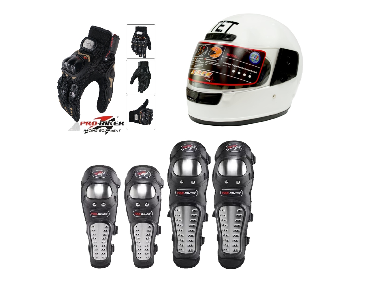 Motorcycle Protective Gears 3 in 1 Package: Full Head Helmet (TET) , Riding Gloves Full Fingers and Pro-Biker Knee & Elbow Guards Set