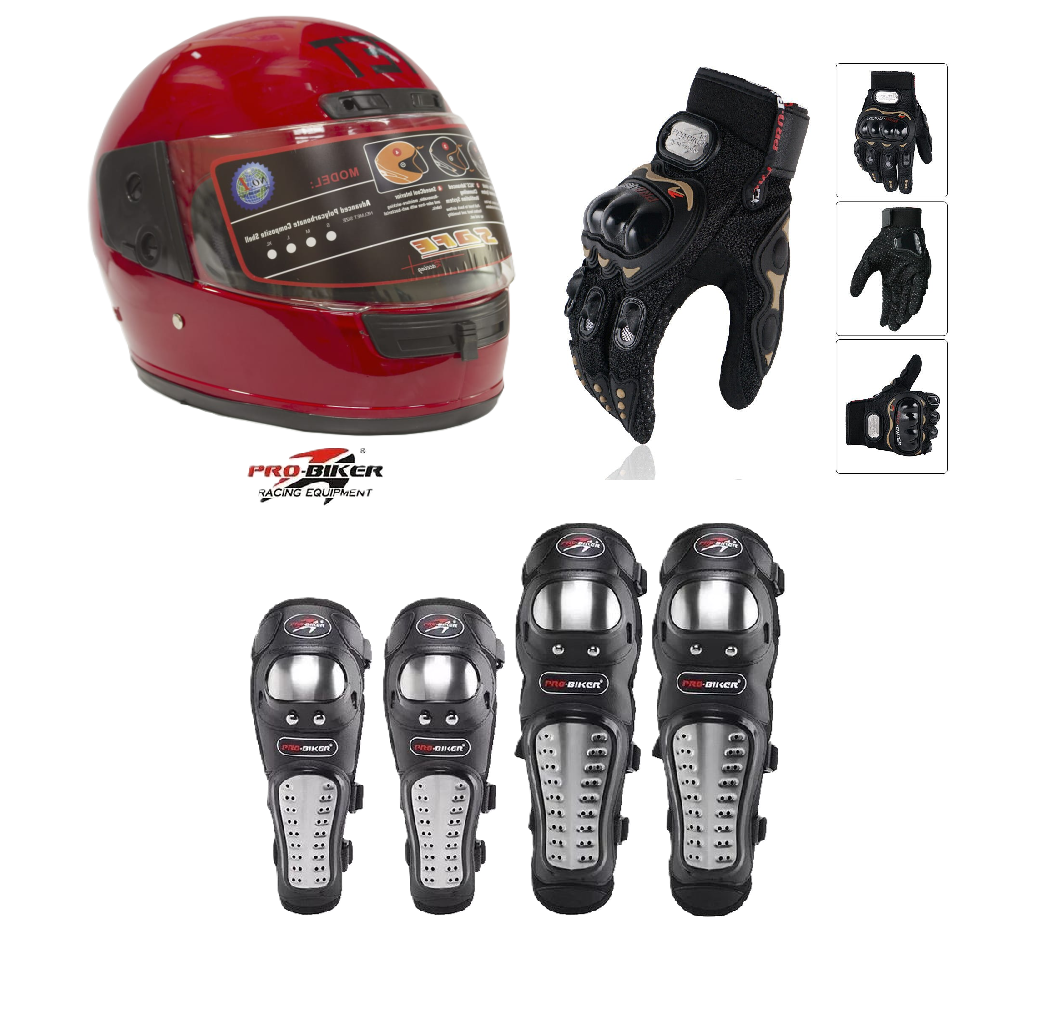 Motorcycle Protective Gears 3 in 1 Package: Full Head Helmet (TET) , Riding Gloves Full Fingers and Pro-Biker Knee & Elbow Guards Set