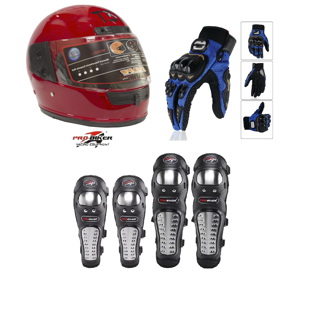 Motorcycle Protective Gears 3 in 1 Package: Full Head Helmet (TET) , Riding Gloves Full Fingers and Pro-Biker Knee & Elbow Guards Set
