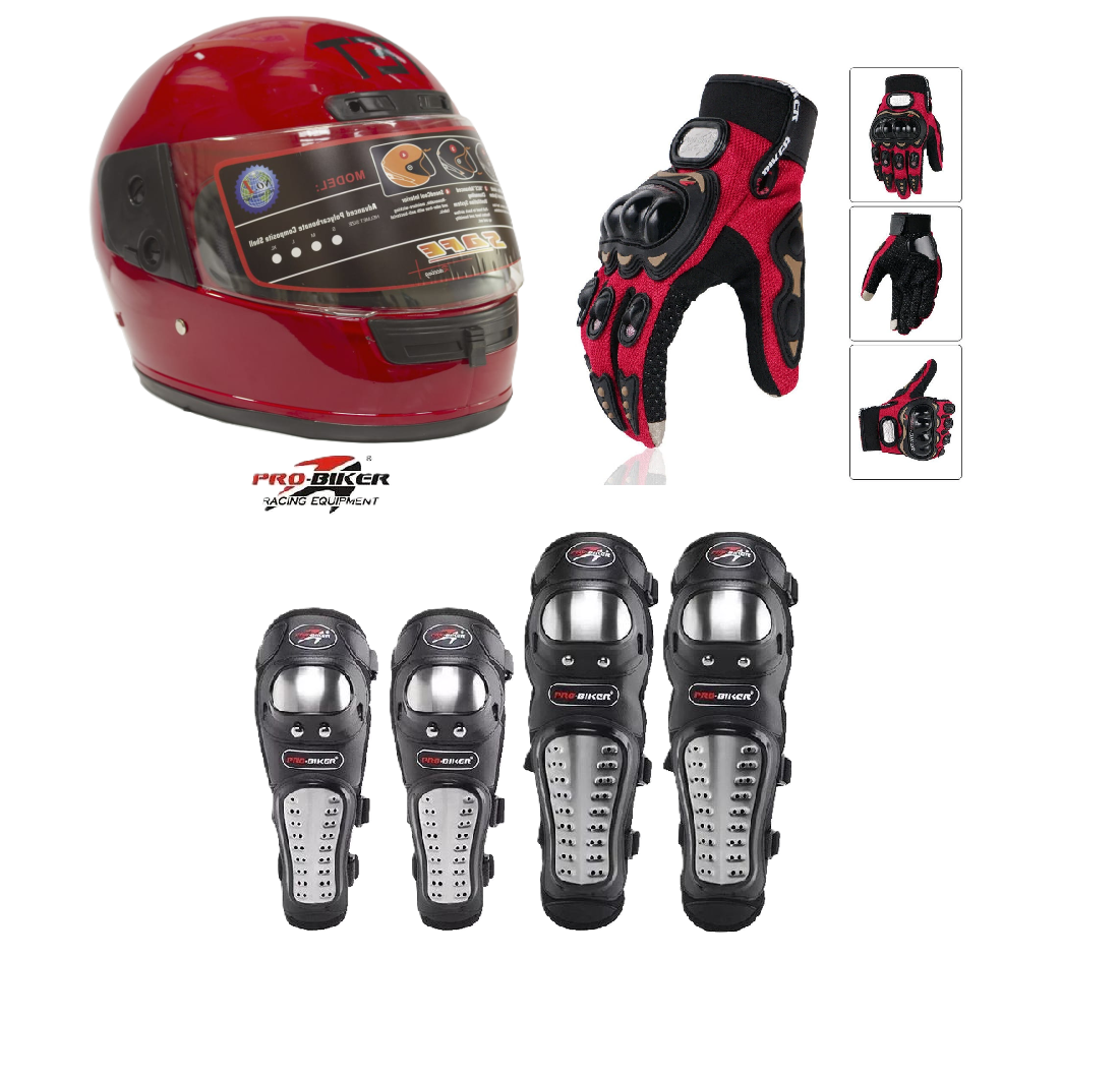 Motorcycle Protective Gears 3 in 1 Package: Full Head Helmet (TET) , Riding Gloves Full Fingers and Pro-Biker Knee & Elbow Guards Set