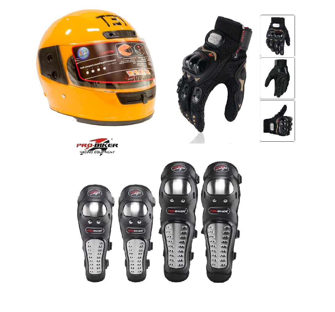 Motorcycle Protective Gears 3 in 1 Package: Full Head Helmet (TET) , Riding Gloves Full Fingers and Pro-Biker Knee & Elbow Guards Set