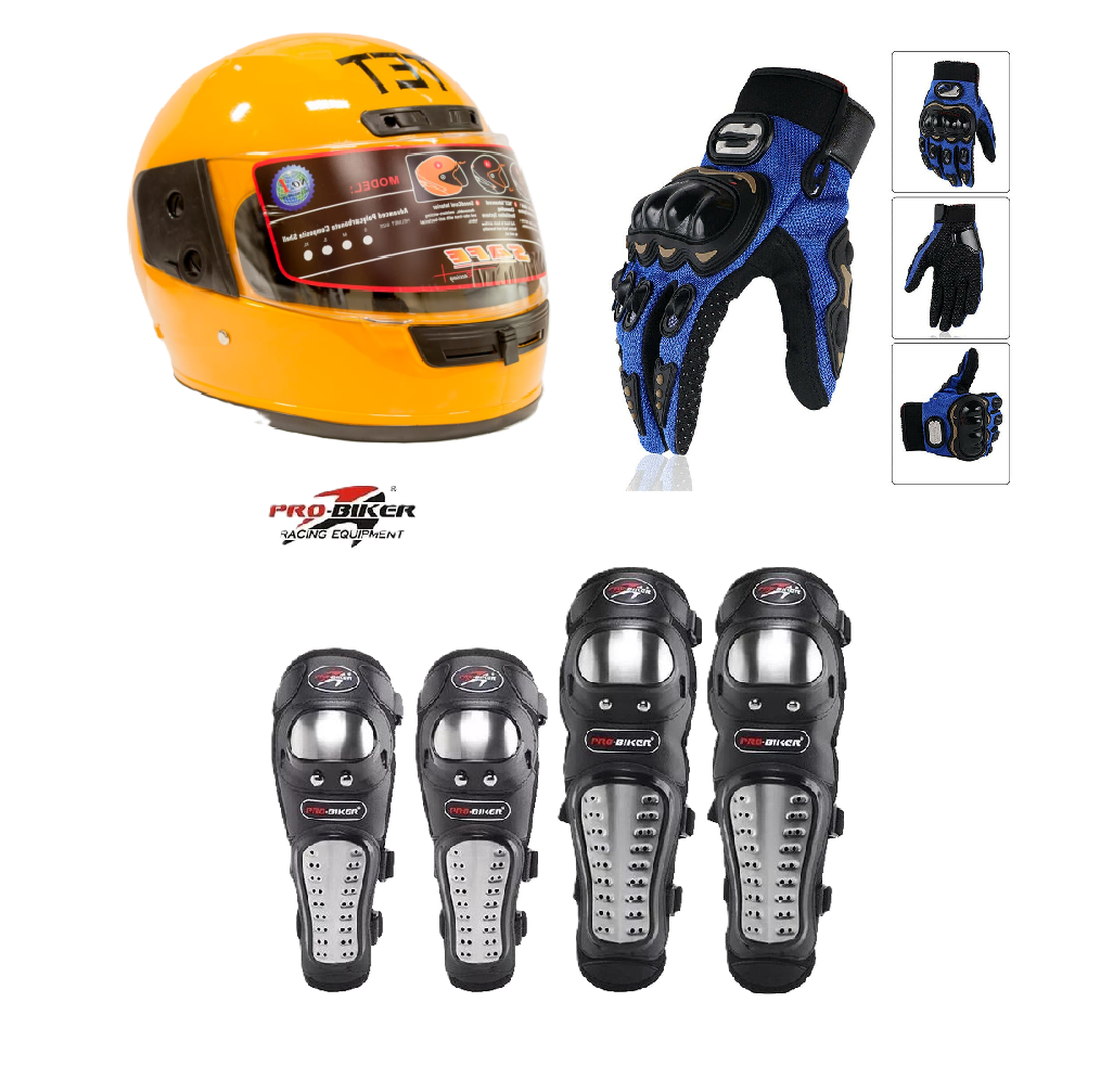 Motorcycle Protective Gears 3 in 1 Package: Full Head Helmet (TET) , Riding Gloves Full Fingers and Pro-Biker Knee & Elbow Guards Set