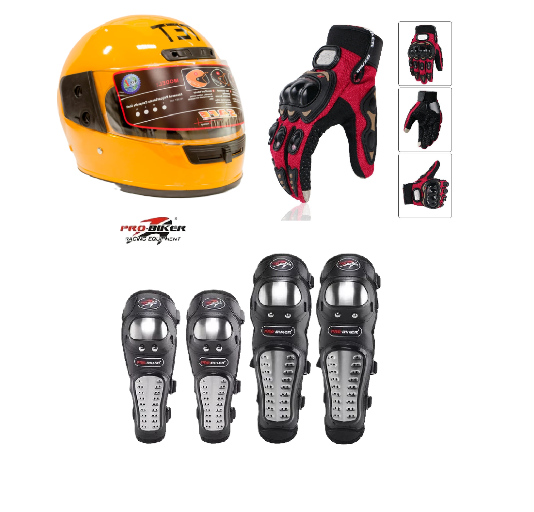 Motorcycle Protective Gears 3 in 1 Package: Full Head Helmet (TET) , Riding Gloves Full Fingers and Pro-Biker Knee & Elbow Guards Set