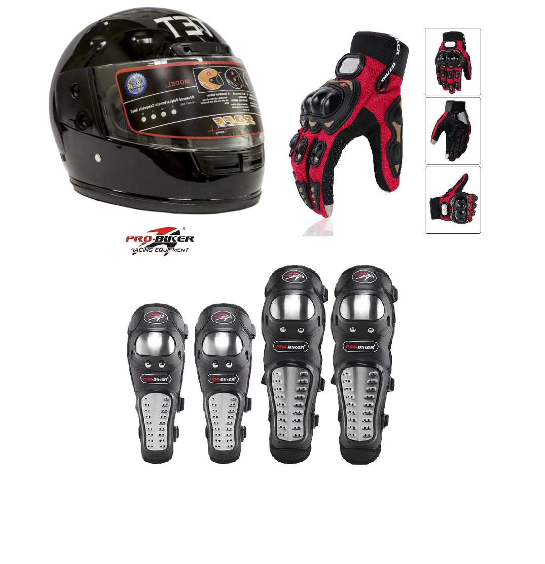 Motorcycle Protective Gears 3 in 1 Package: Full Head Helmet (TET) , Riding Gloves Full Fingers and Pro-Biker Knee & Elbow Guards Set