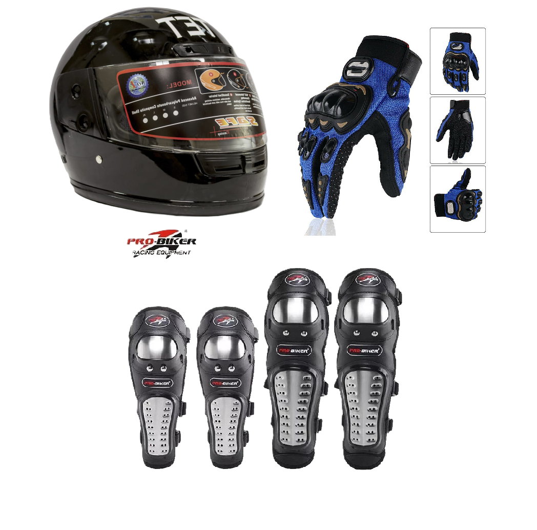 Motorcycle Protective Gears 3 in 1 Package: Full Head Helmet (TET) , Riding Gloves Full Fingers and Pro-Biker Knee & Elbow Guards Set