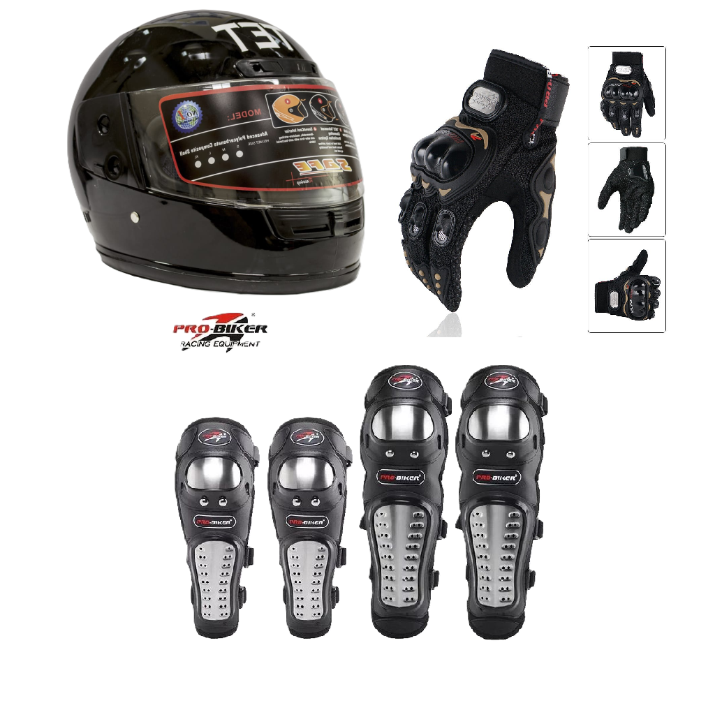Motorcycle Protective Gears 3 in 1 Package: Full Head Helmet (TET) , Riding Gloves Full Fingers and Pro-Biker Knee & Elbow Guards Set