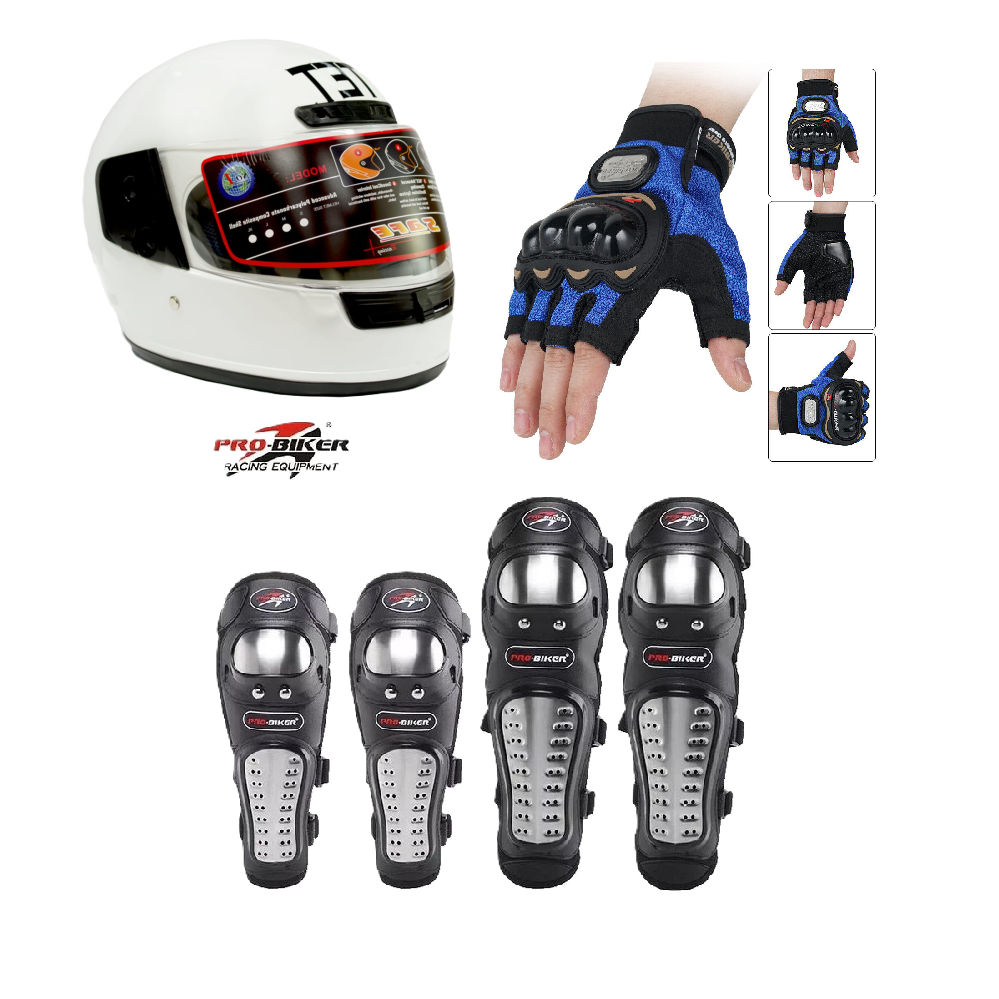Motorcycle Protective Gears 3 in 1 Package: Full Head Helmet (TET) , Riding Gloves Half Fingers and Pro-Biker Knee & Elbow Guards Set