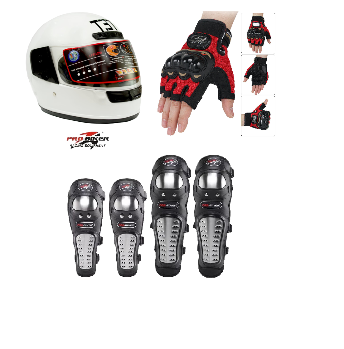 Motorcycle Protective Gears 3 in 1 Package: Full Head Helmet (TET) , Riding Gloves Half Fingers and Pro-Biker Knee & Elbow Guards Set