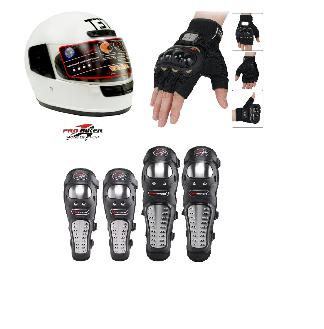 Motorcycle Protective Gears 3 in 1 Package: Full Head Helmet (TET) , Riding Gloves Half Fingers and Pro-Biker Knee & Elbow Guards Set