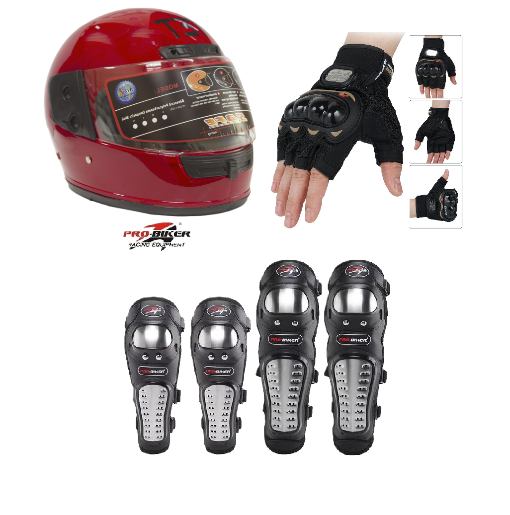 Motorcycle Protective Gears 3 in 1 Package: Full Head Helmet (TET) , Riding Gloves Half Fingers and Pro-Biker Knee & Elbow Guards Set