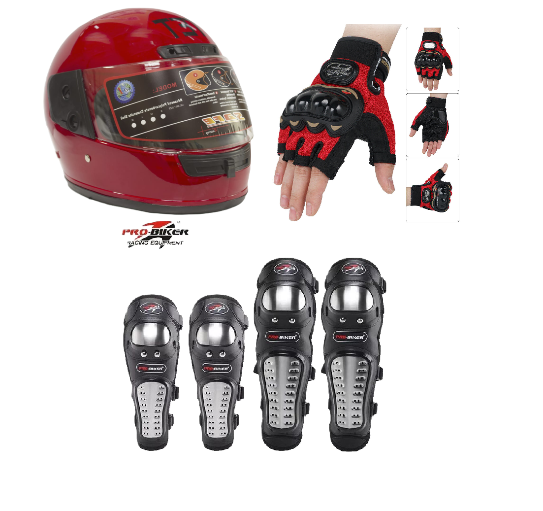 Motorcycle Protective Gears 3 in 1 Package: Full Head Helmet (TET) , Riding Gloves Half Fingers and Pro-Biker Knee & Elbow Guards Set