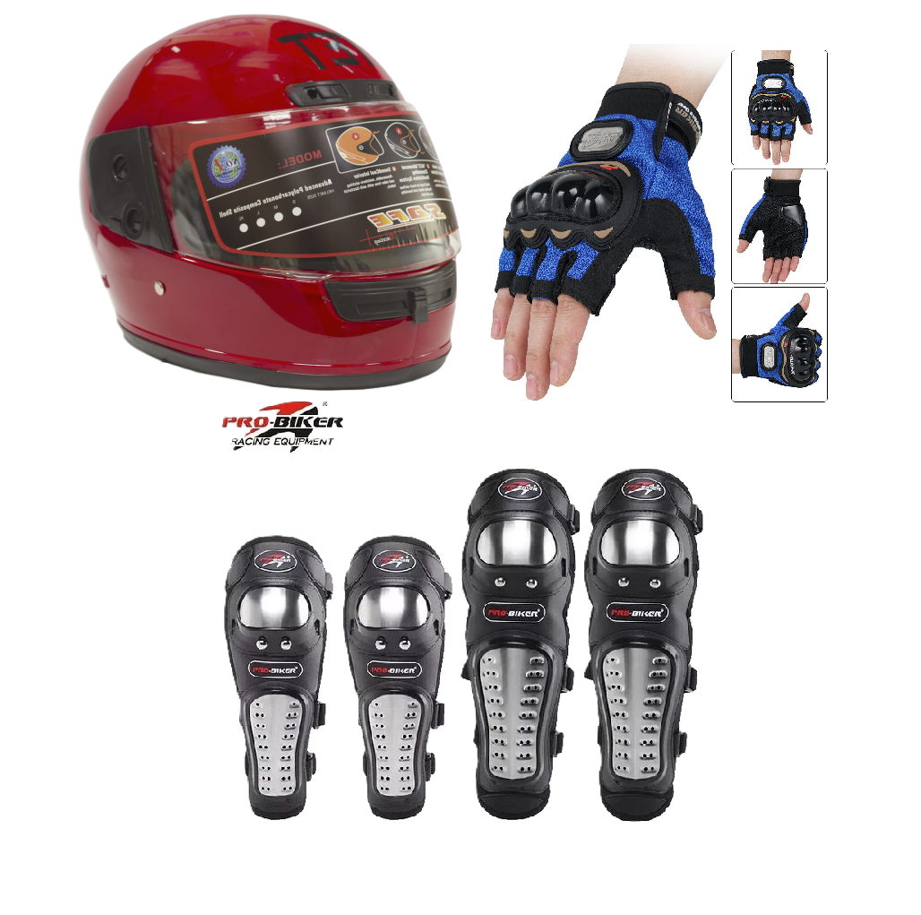 Motorcycle Protective Gears 3 in 1 Package: Full Head Helmet (TET) , Riding Gloves Half Fingers and Pro-Biker Knee & Elbow Guards Set
