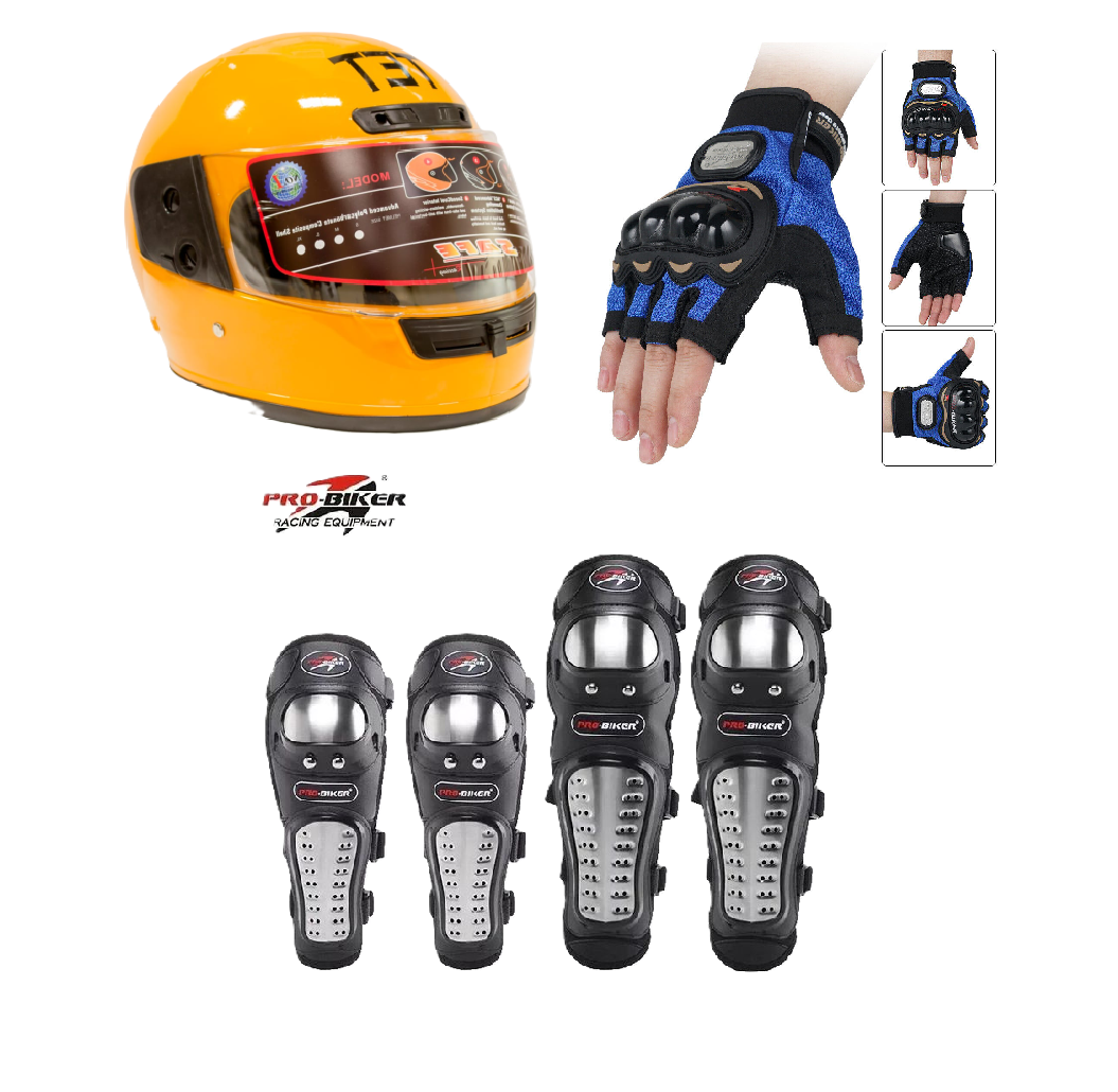 Motorcycle Protective Gears 3 in 1 Package: Full Head Helmet (TET) , Riding Gloves Half Fingers and Pro-Biker Knee & Elbow Guards Set