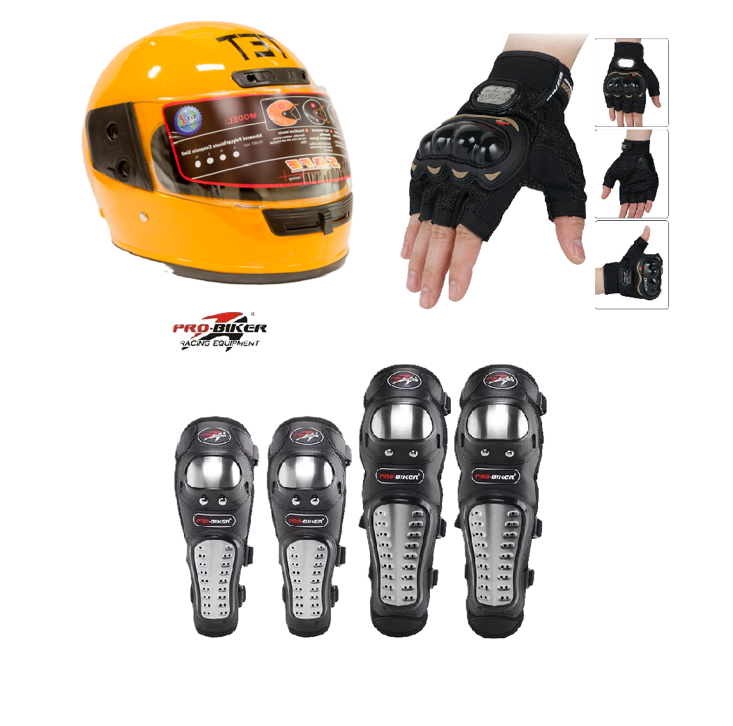 Motorcycle Protective Gears 3 in 1 Package: Full Head Helmet (TET) , Riding Gloves Half Fingers and Pro-Biker Knee & Elbow Guards Set