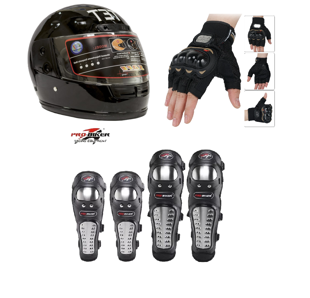 Motorcycle Protective Gears 3 in 1 Package: Full Head Helmet (TET) , Riding Gloves Half Fingers and Pro-Biker Knee & Elbow Guards Set