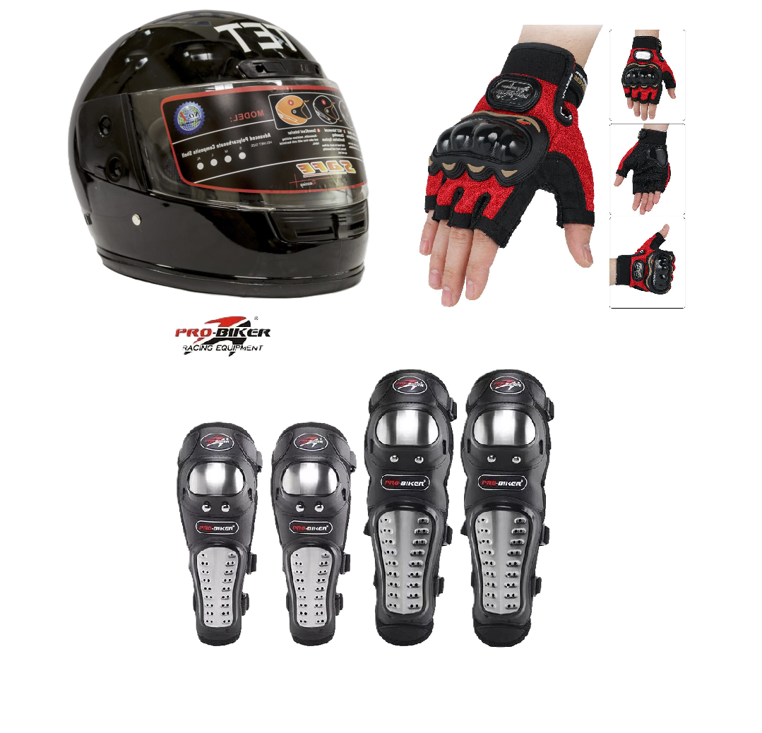 Motorcycle Protective Gears 3 in 1 Package: Full Head Helmet (TET) , Riding Gloves Half Fingers and Pro-Biker Knee & Elbow Guards Set