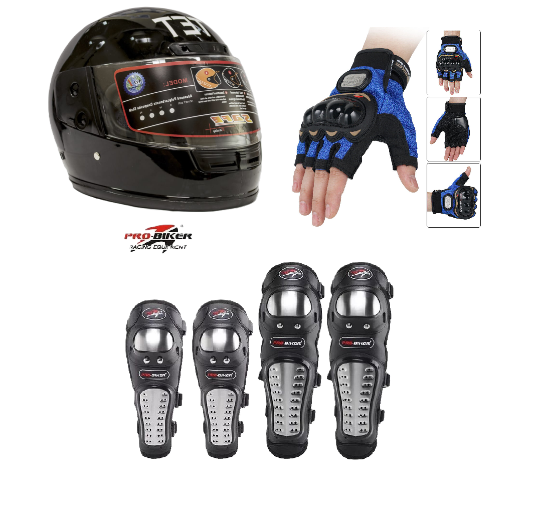 Motorcycle Protective Gears 3 in 1 Package: Full Head Helmet (TET) , Riding Gloves Half Fingers and Pro-Biker Knee & Elbow Guards Set