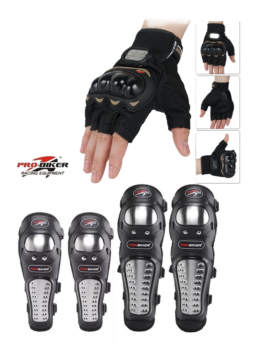 Motorcycle Riders Protective Combo: Pro- Biker Knee & Elbow Protective Guards and Monster Half Fingers Riding Gloves