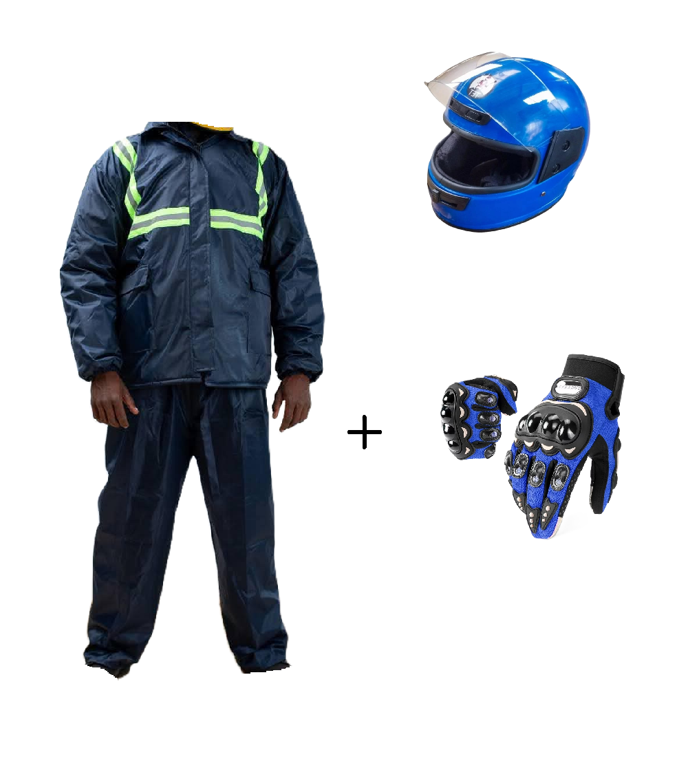 Motorcycle Riding Suit Navy Blue/ Black, Boda+ Half Head Black Helmet and Full Fingers Motorcycle Riding Gloves Set