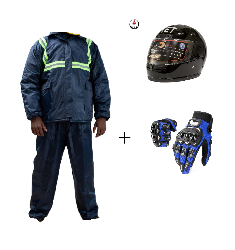 Motorcycle Riding Suit Navy Blue/ Black, Boda+ Half Head Black Helmet and Full Fingers Motorcycle Riding Gloves Set