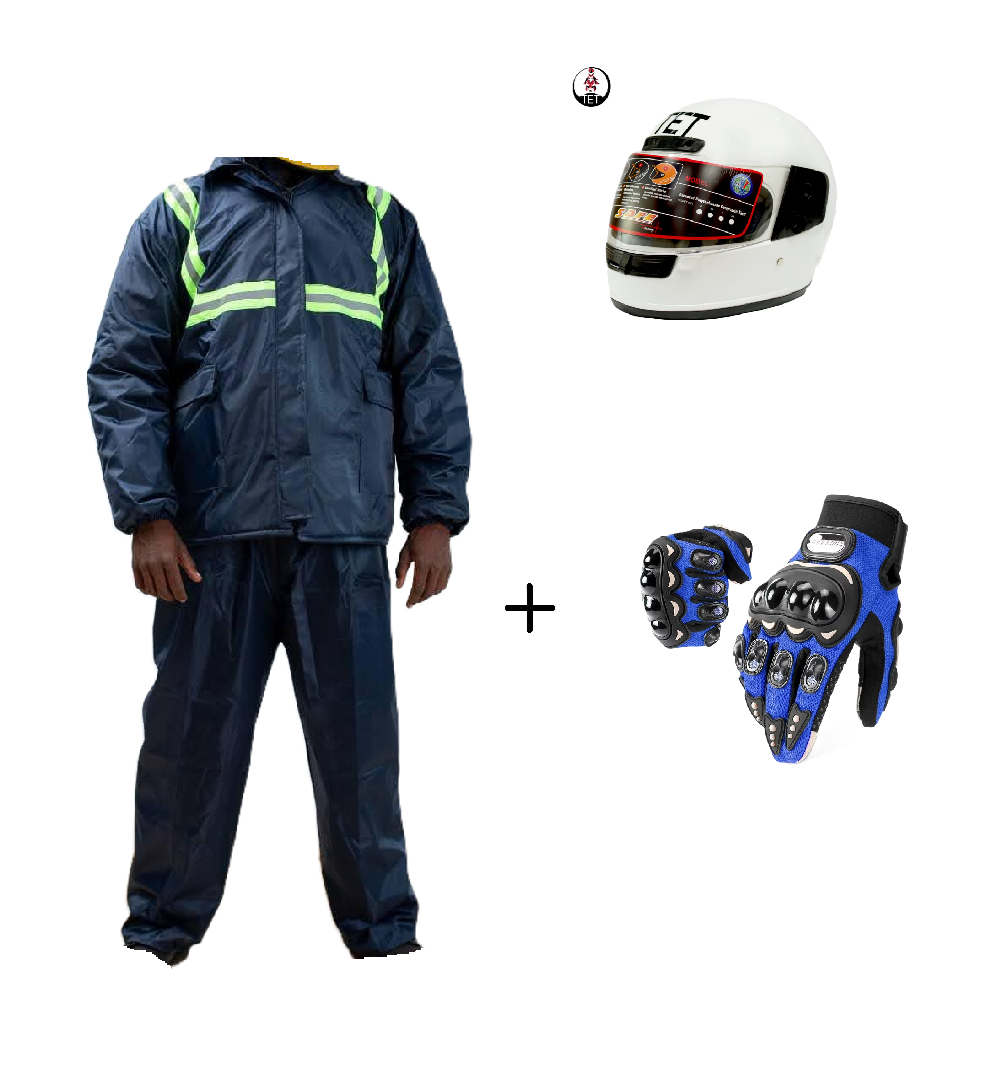 Motorcycle Riding Suit Navy Blue/ Black, Boda+ Half Head Black Helmet and Full Fingers Motorcycle Riding Gloves Set