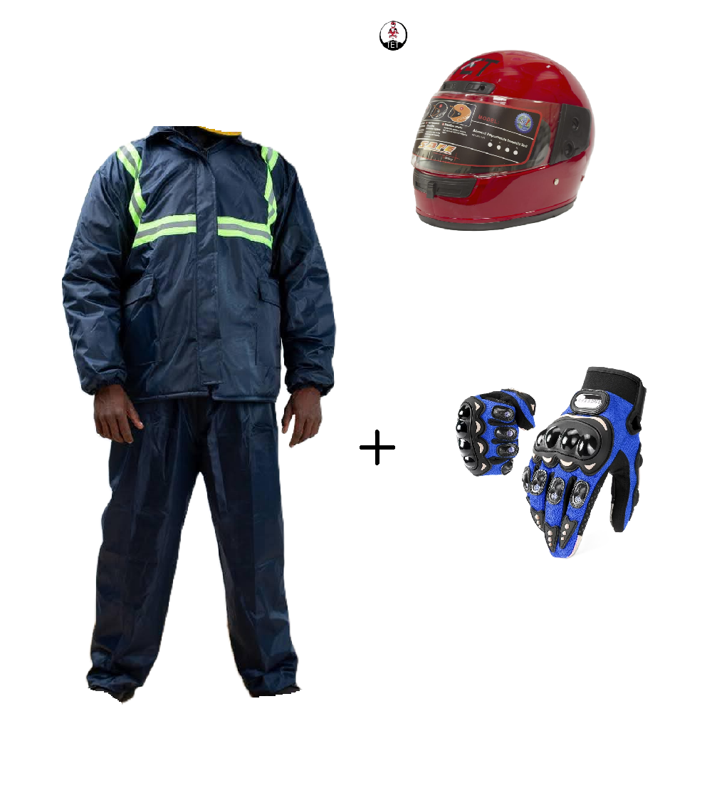 Motorcycle Riding Suit Navy Blue/ Black, Boda+ Half Head Black Helmet and Full Fingers Motorcycle Riding Gloves Set