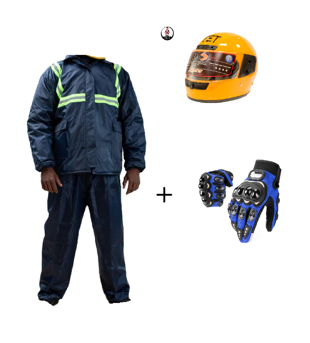 Motorcycle Riding Suit Navy Blue/ Black, Boda+ Half Head Black Helmet and Full Fingers Motorcycle Riding Gloves Set