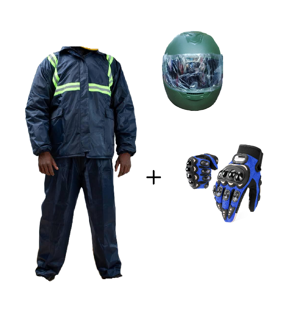 Motorcycle Riding Suit Navy Blue/ Black, Boda+ Half Head Black Helmet and Full Fingers Motorcycle Riding Gloves Set