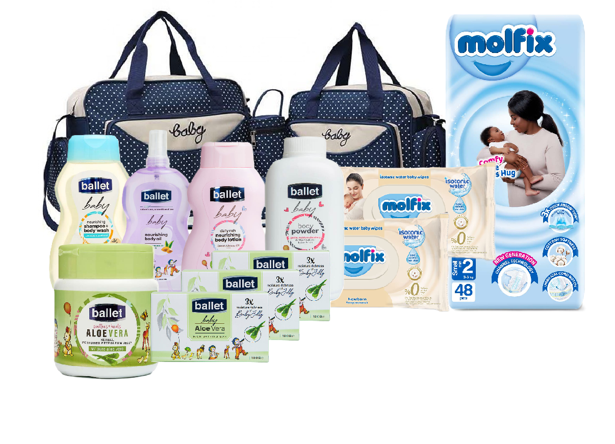 Baby Receiving Set of 5 In 1 Baby Diaper Bag Nappy Changing Pad Travel Mummy Bag, Ballet Baby Body Care Set ( Aloe Vera) And Molfix Newborn Diapers 48 PCS & 2 Packs of Newborn Isotonic Baby Wipes 50pc