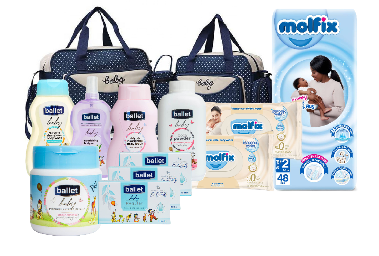 Baby Receiving Set of 5 In 1 Baby Diaper Bag Nappy Changing Pad Travel Mummy Bag, Ballet Baby Body Care Set ( Aloe Vera) And Molfix Newborn Diapers 48 PCS & 2 Packs of Newborn Isotonic Baby Wipes 50pc