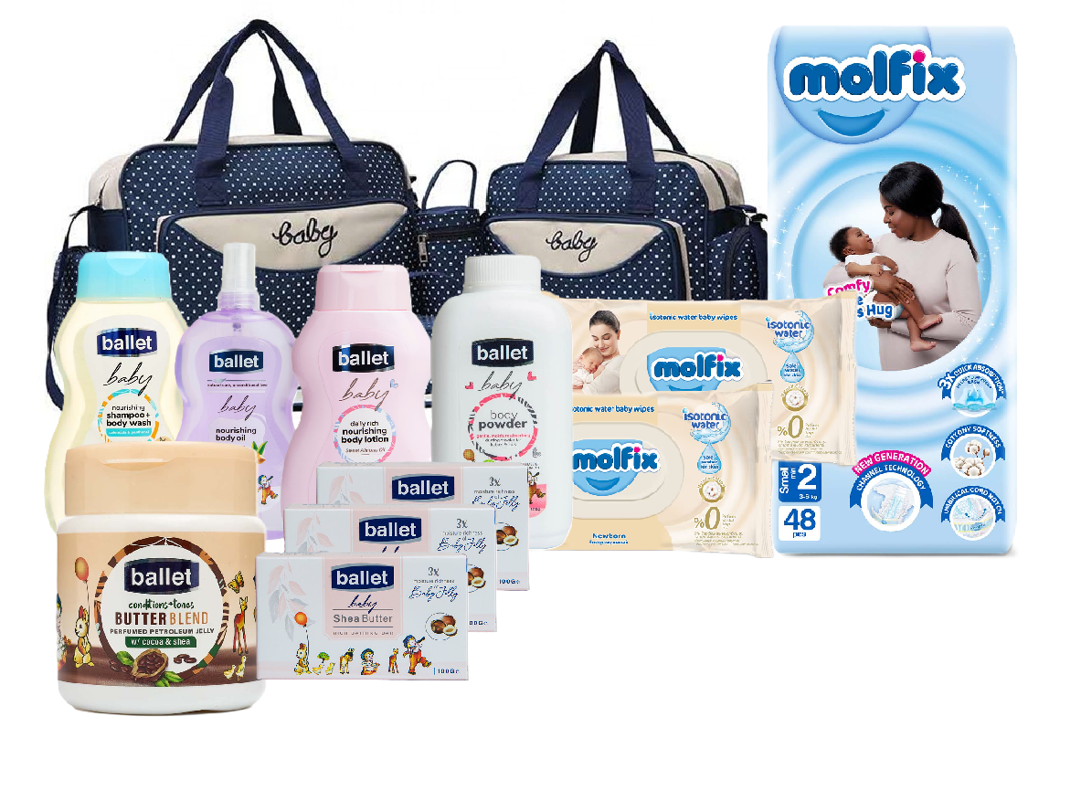 Baby Receiving Set of 5 In 1 Baby Diaper Bag Nappy Changing Pad Travel Mummy Bag, Ballet Baby Body Care Set ( Aloe Vera) And Molfix Newborn Diapers 48 PCS & 2 Packs of Newborn Isotonic Baby Wipes 50pc