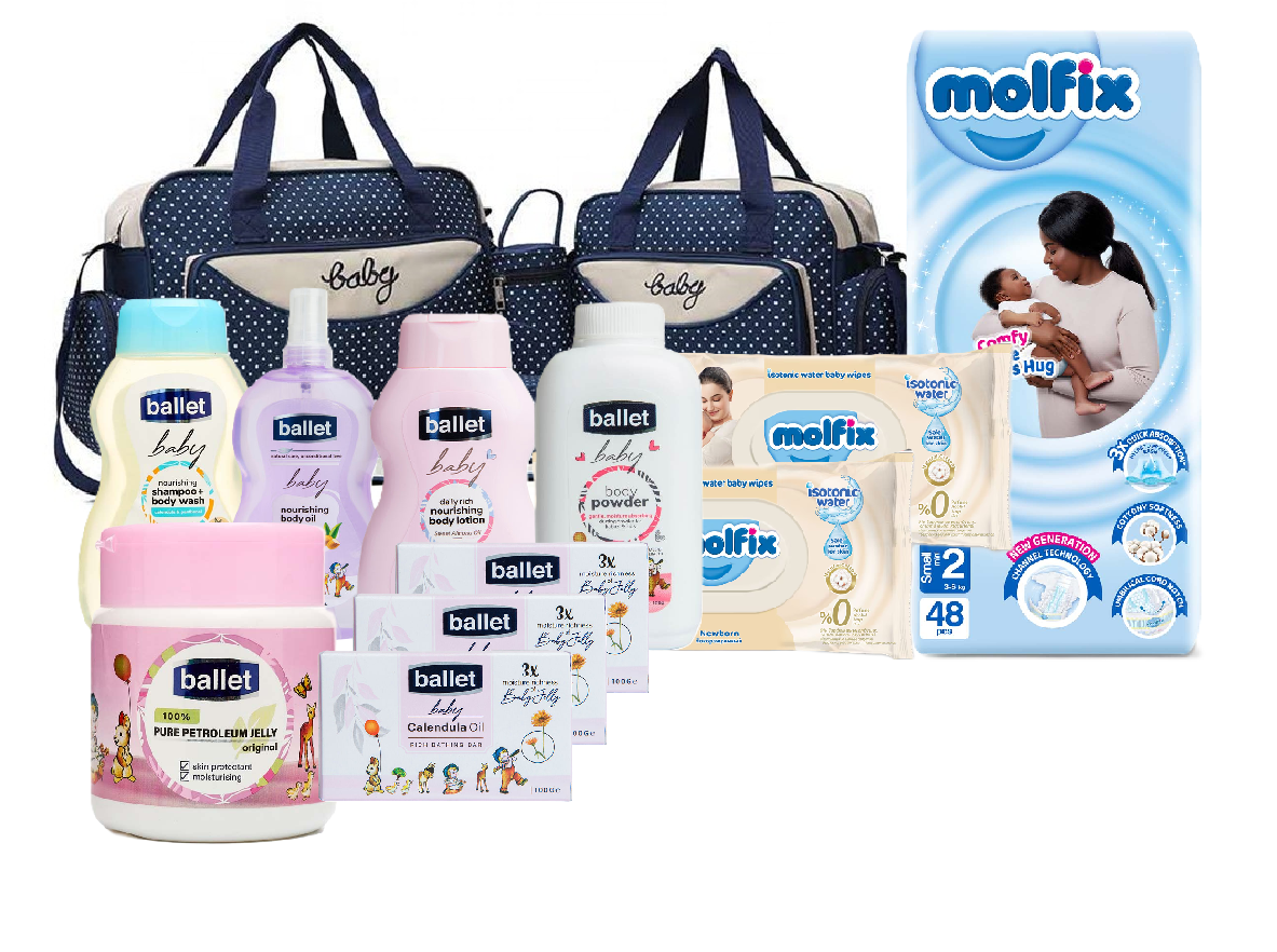 Baby Receiving Set of 5 In 1 Baby Diaper Bag Nappy Changing Pad Travel Mummy Bag, Ballet Baby Body Care Set ( Aloe Vera) And Molfix Newborn Diapers 48 PCS & 2 Packs of Newborn Isotonic Baby Wipes 50pc