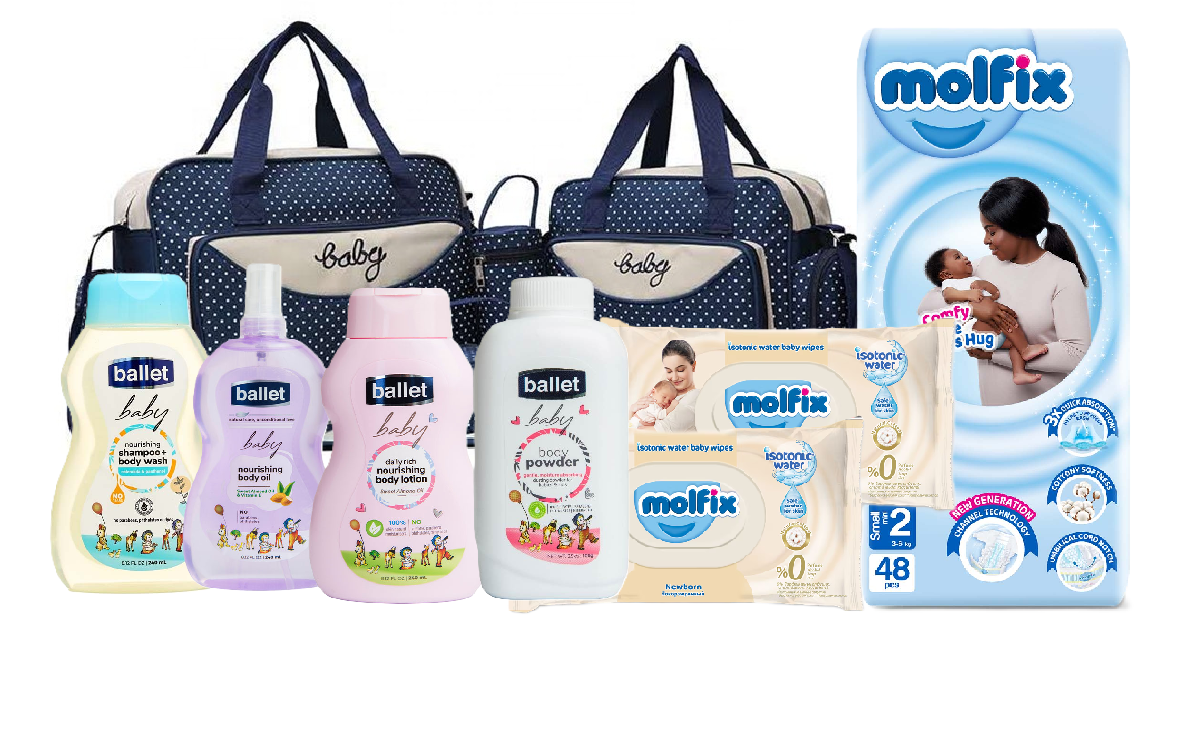 Baby Receiving Set of 5 In 1 Baby Diaper Bag Nappy Changing Pad Travel Mummy Bag, Ballet Baby Body Care Set ( Aloe Vera) And Molfix Newborn Diapers 48 PCS & 2 Packs of Newborn Isotonic Baby Wipes 50pc