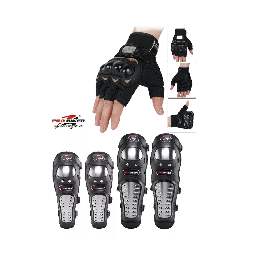 Motorcycle Riders Protective Combo: Pro- Biker Knee & Elbow Protective Guards and Monster Half Fingers Riding Gloves