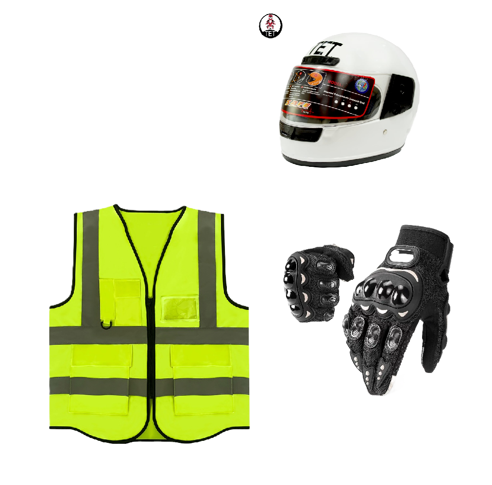 Motorcycle Riding Safety and Protective Gears. Ranges from Single Safety Gears to 3 Pieces Combo