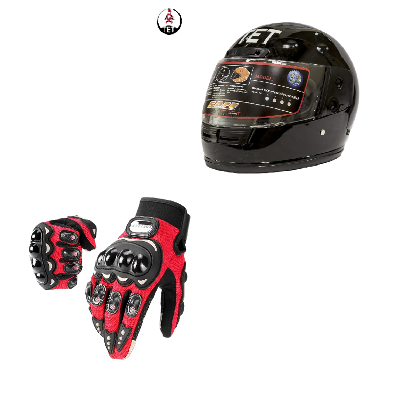 Motorcycle Riders Shield and Safety Duo Kit: TET Full Head Helmet and Riding Full-Finger Gloves