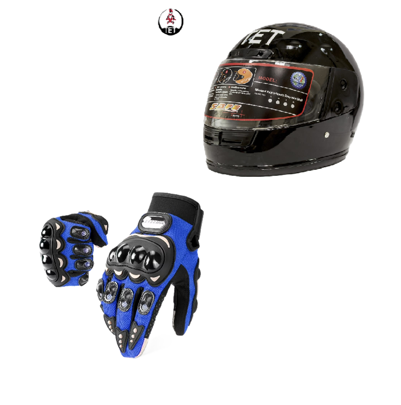 Motorcycle Riders Shield and Safety Duo Kit: TET Full Head Helmet and Riding Full-Finger Gloves