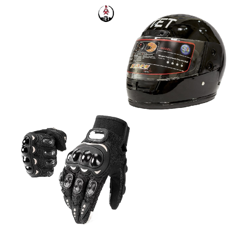 Motorcycle Riders Shield and Safety Duo Kit: TET Full Head Helmet and Riding Full-Finger Gloves
