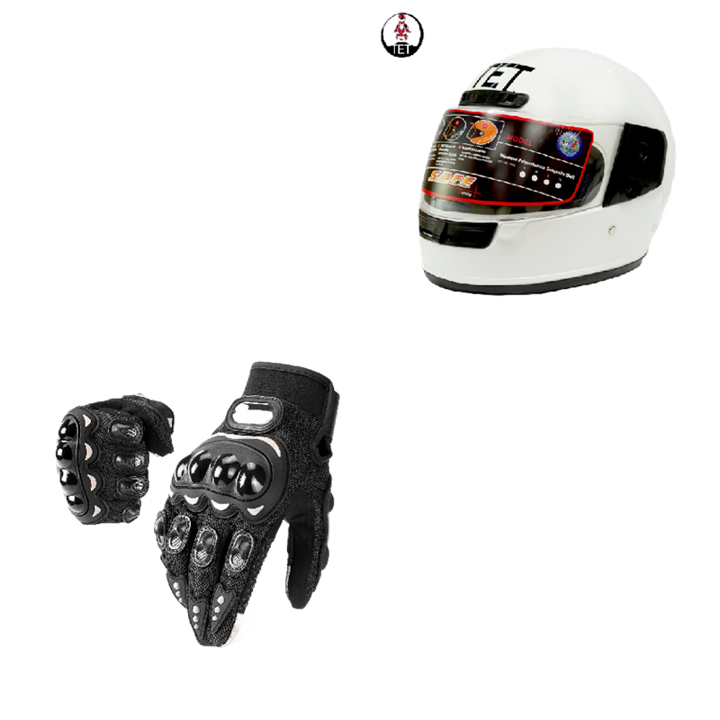 Motorcycle Riders Shield and Safety Duo Kit: TET Full Head Helmet and Riding Full-Finger Gloves