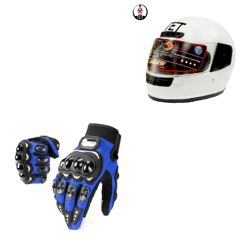Motorcycle Riders Shield and Safety Duo Kit: TET Full Head Helmet and Riding Full-Finger Gloves