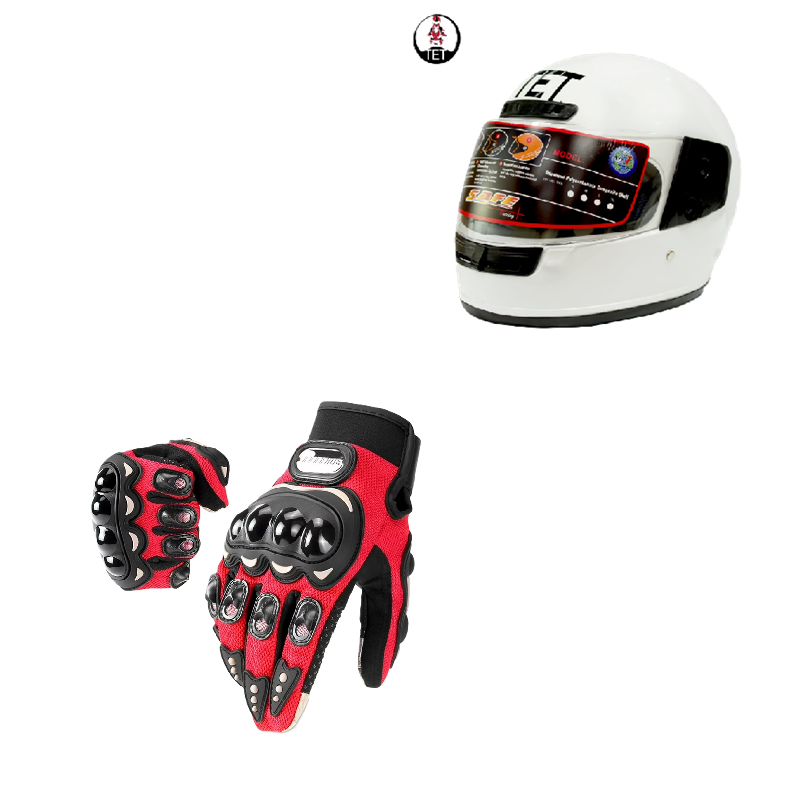 Motorcycle Riders Shield and Safety Duo Kit: TET Full Head Helmet and Riding Full-Finger Gloves