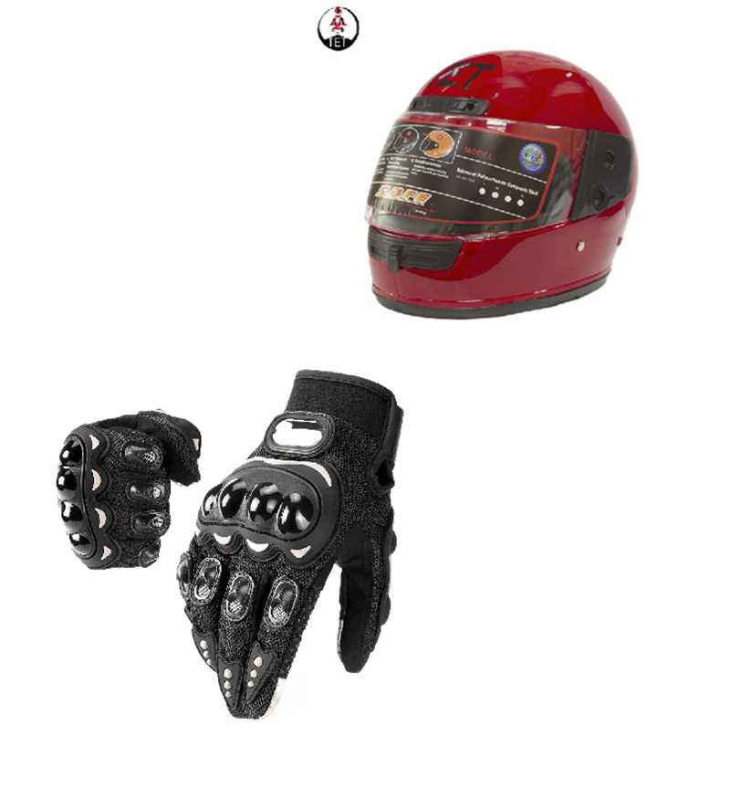 Motorcycle Riders Shield and Safety Duo Kit: TET Full Head Helmet and Riding Full-Finger Gloves