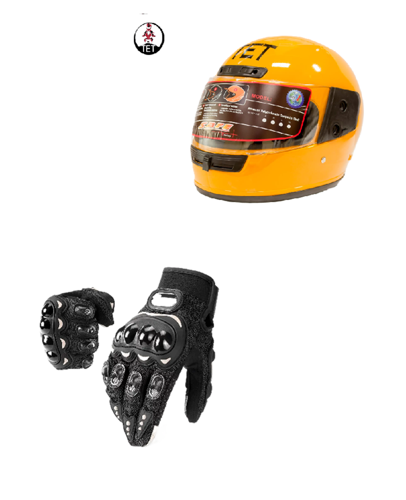 Motorcycle Riders Shield and Safety Duo Kit: TET Full Head Helmet and Riding Full-Finger Gloves