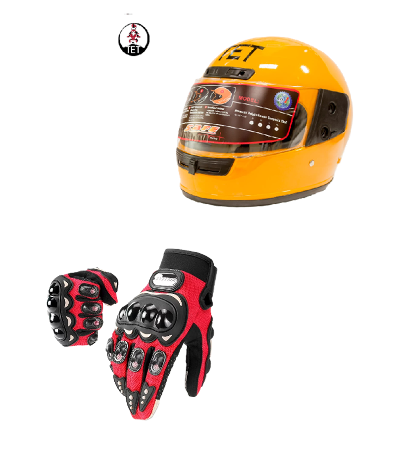 Motorcycle Riders Shield and Safety Duo Kit: TET Full Head Helmet and Riding Full-Finger Gloves