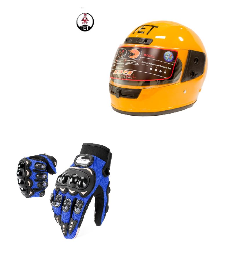 Motorcycle Riders Shield and Safety Duo Kit: TET Full Head Helmet and Riding Full-Finger Gloves