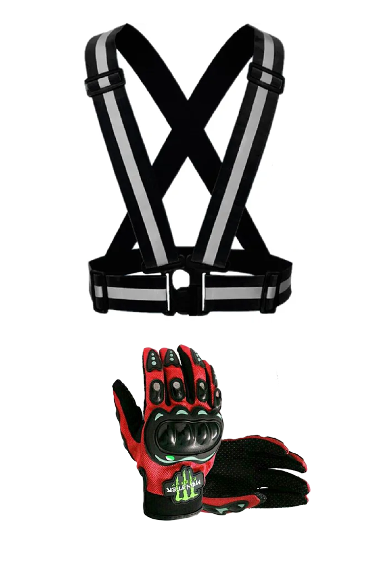 Motorcycle Vision and Safety Grip Safety Gears: Reflective Straps and Full/Half Riding Gloves